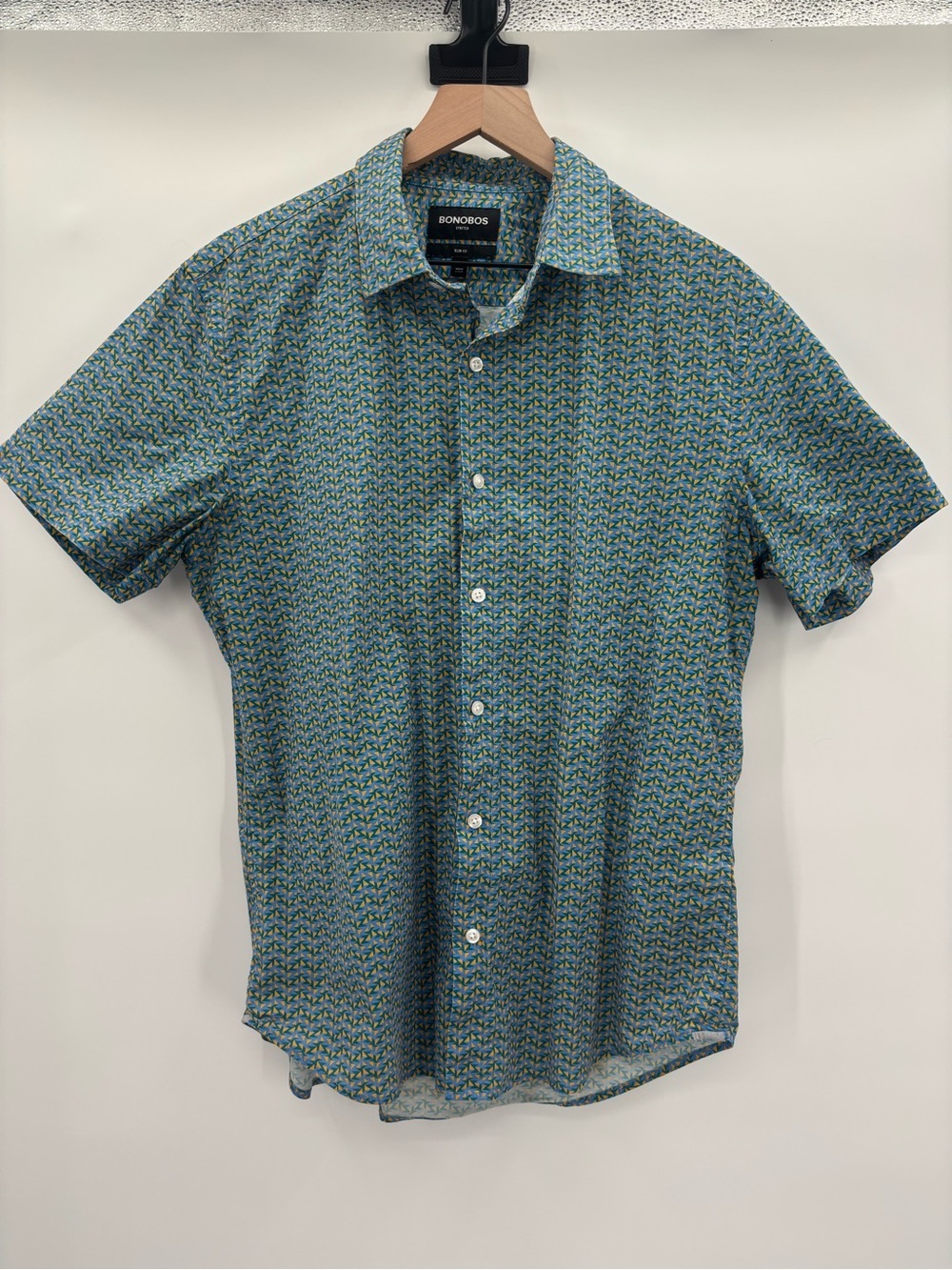 Bonobos Stretch Riviera Short Sleeve Button-Down in Teal and Green Geo Print Lar